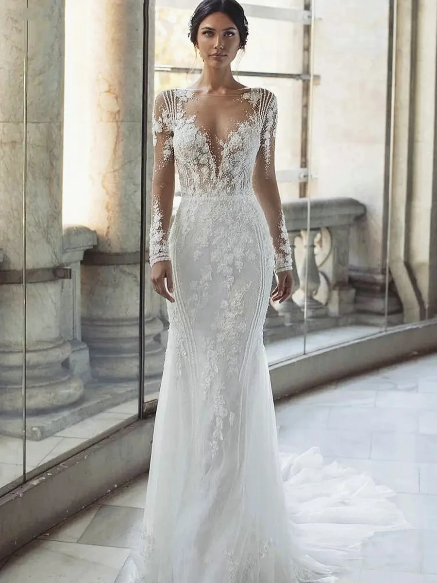 Robe de Mariée de Luxe avec Traîne Amovible, Manches sulf, Appliques en Dentelle, Forme Trapèze, Quelle que soit la Chérie, 2024