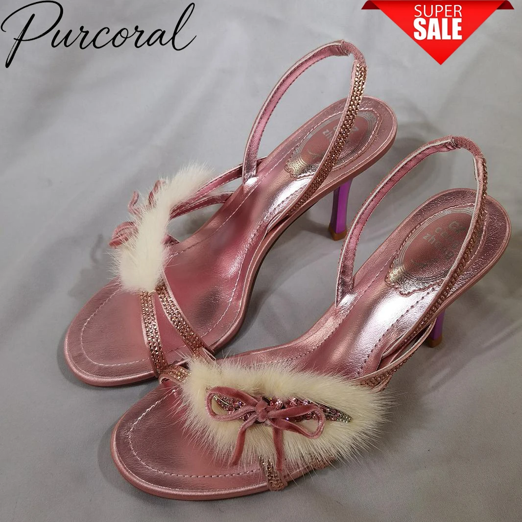 2026 Women High Heel Sandals Furry Fur Bow Rhinestone Strap Open Toe Sandals Metallic Pink Thin Stiletto Heels Ladies Shoes