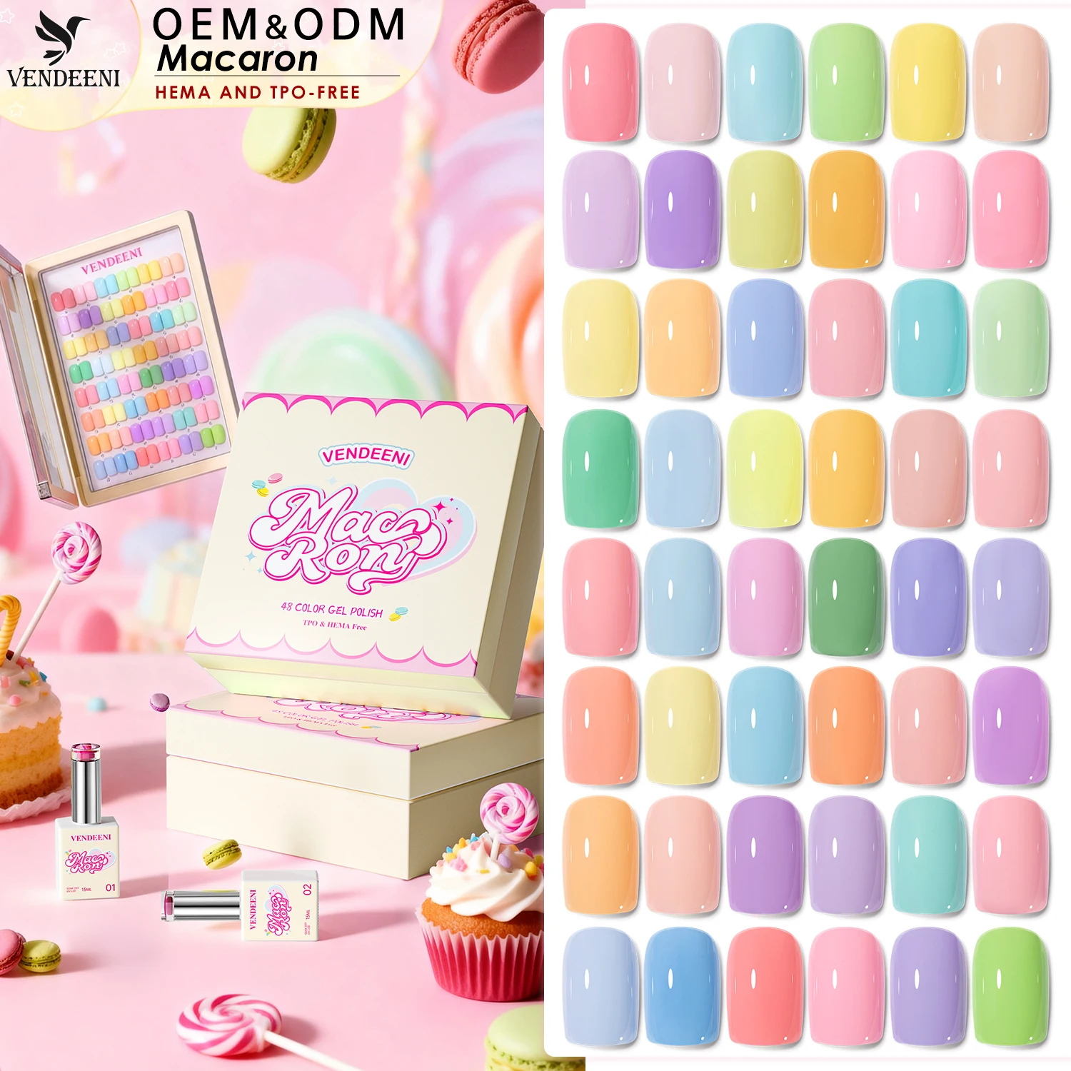 Vendeeni New Arrival 48colors Macaron Gel Polish Collection Set Box TPO HEMA FREE OEM/ODM Custom Macaron Gel Nail Polish