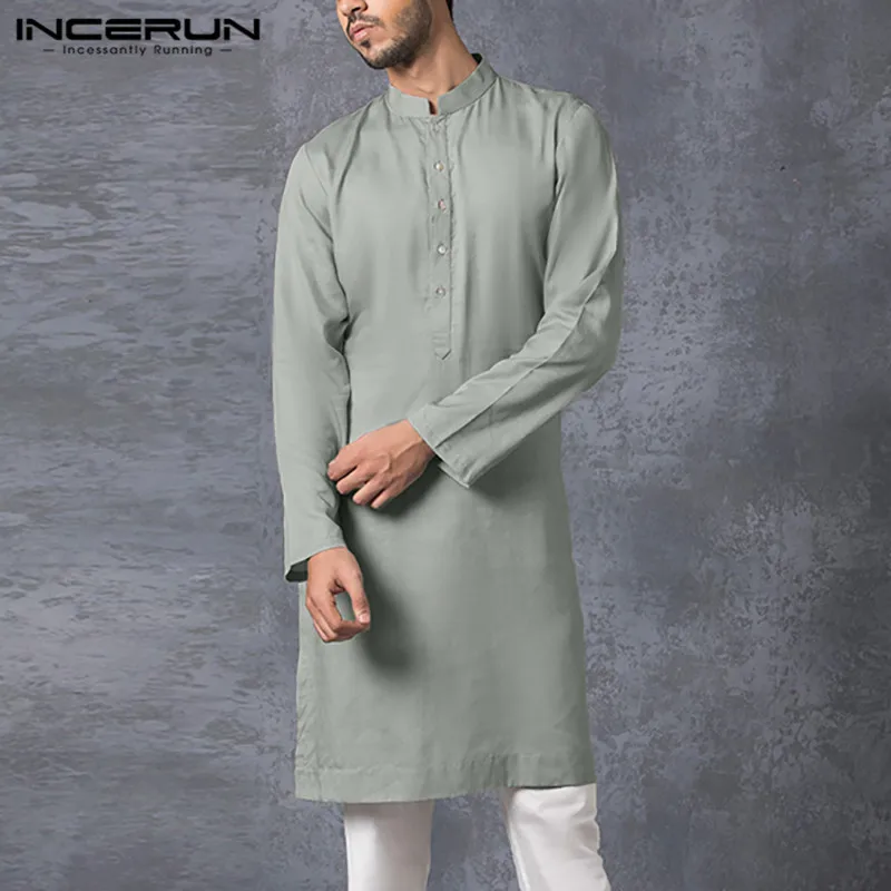 

INCERUN Men Muslim Shirt Stand Collar Long Sleeve Islamic Arab Kaftan Solid 2024 Streetwear Casual Long Shirts Men Clothing 5XL