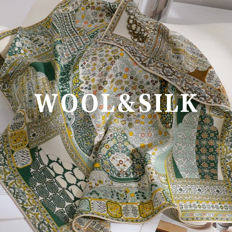 Luxury Persian Rug Inspired Silk Wool Square Scarf for Women, 65×65cm Double Sided Different Color Shawl Wrap Neck Scarf