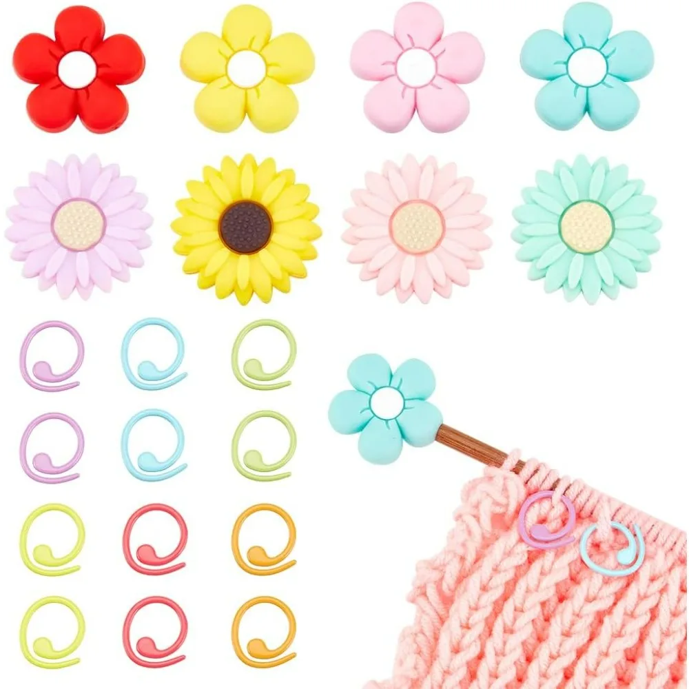 16 Pcs Knitting Needle Stoppers 30 Pcs Knitting Stitch Marker Rings Flower Needle Point Protectors Stitch Stoppers Knitting