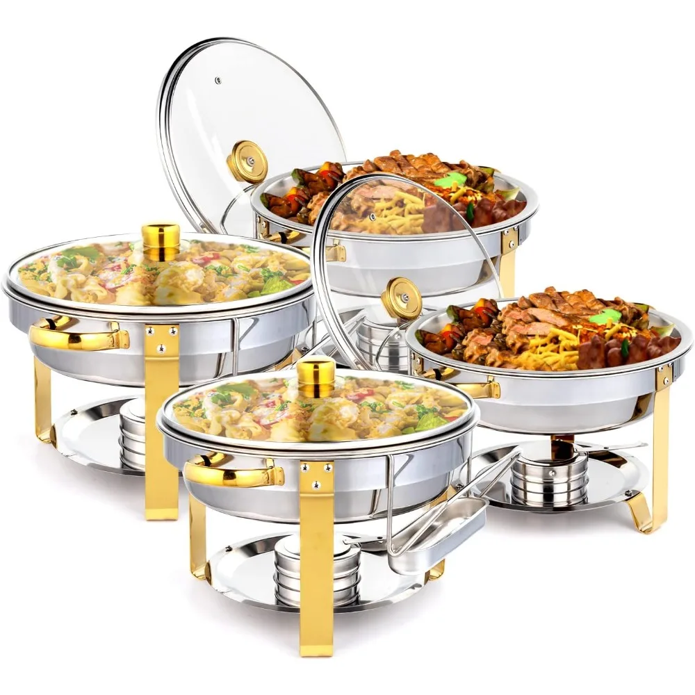 

ROVSUN 5QT 4 Packs Chafing Dish Buffet Set Gold Accent, NSF Round Stainless Steel Buffet Warmer Chafers and Buffet Warmers