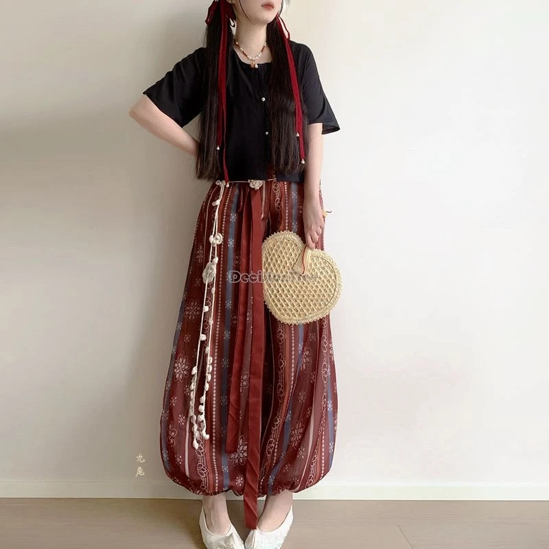 

2026 new woman's chinese improved retro tang dynasty hanfu round-neck shirt elastic waist lantern pants daily modern hanfu set