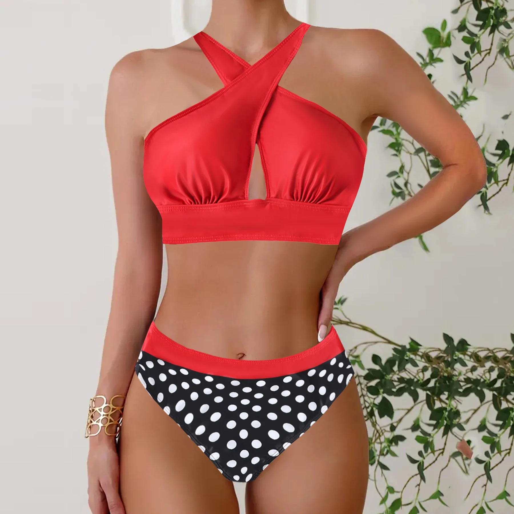 Floral Print Patchwork Black 2 Piece Set Tankini, Round Neck High Waist Stretchy Swimsuits, Women's Summer Bikini Beachwear