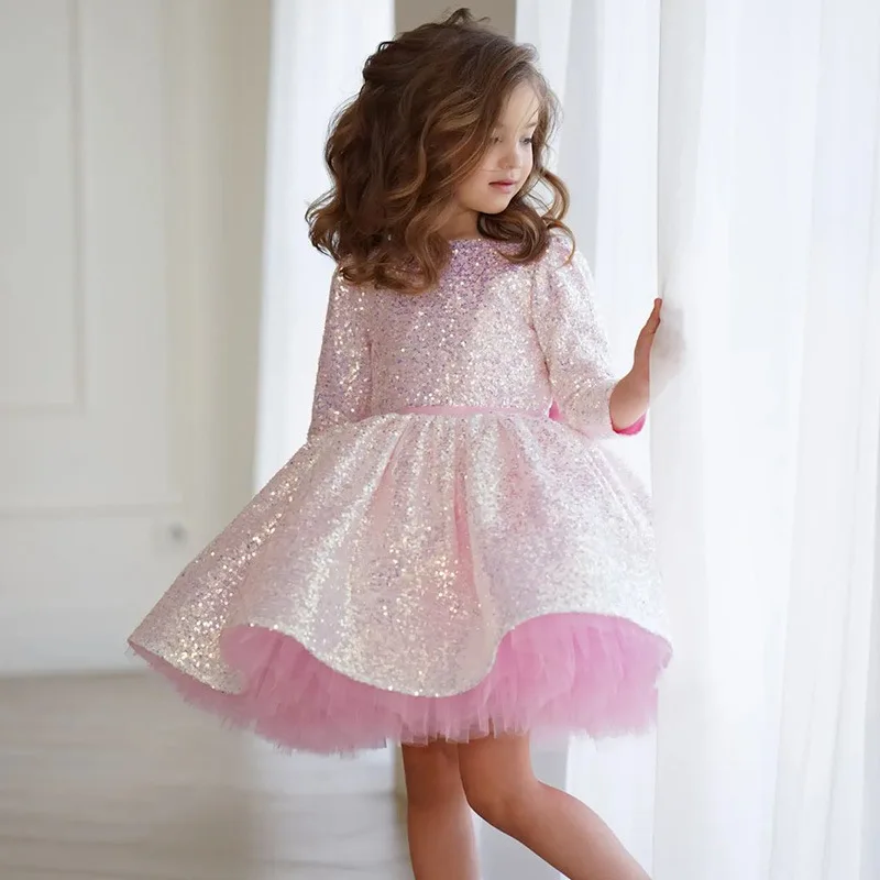 Kids Christmas Birthday Formal Gown - Blush Pink Sequin Long Sleeve Tulle Tutu Stylish Princess Dress with Bow