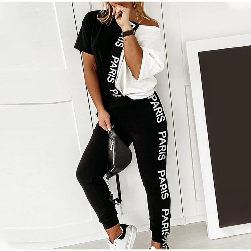 2 pieces women sets 2026 Summer black white letter print patchwork off-the-shoulder top+long pant suits women's clothing