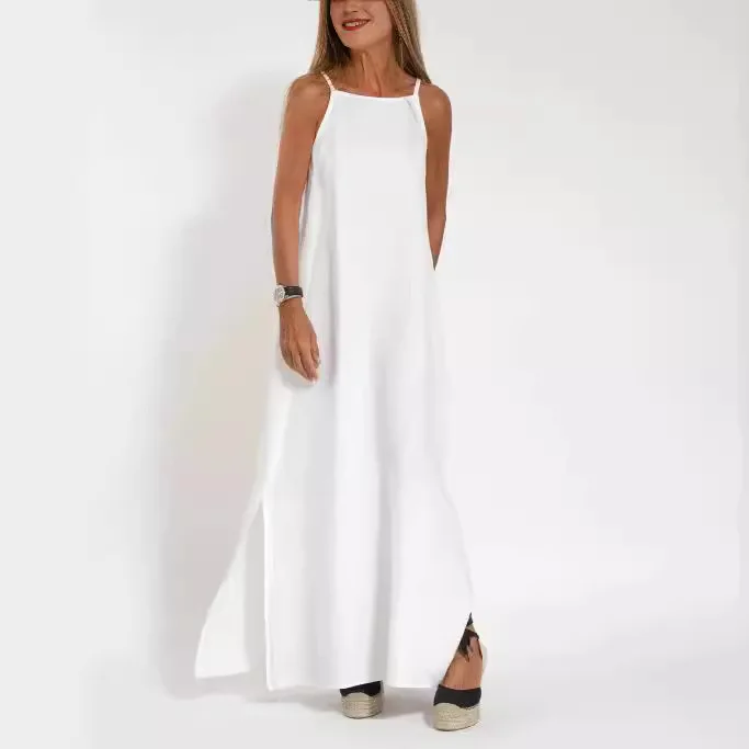 Biała sukienka Boho Maxi dla kobiet Letni elegancki pasek Spaghetti Czarna plaża Impreza Podstawowe sukienki z rozcięciem Robe Femme
