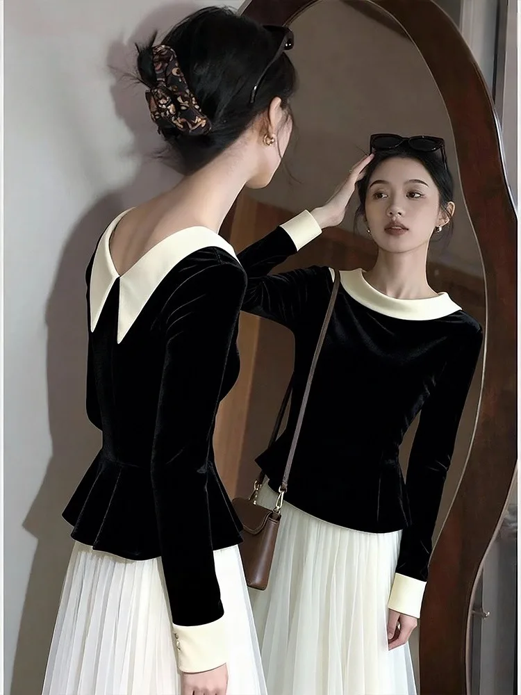 Stunning Color Block Velvet Base Shirt Women's Long Sleeve Slim Fit Top Autumn Winter New Style Korean Fashion Elegant Waist ...