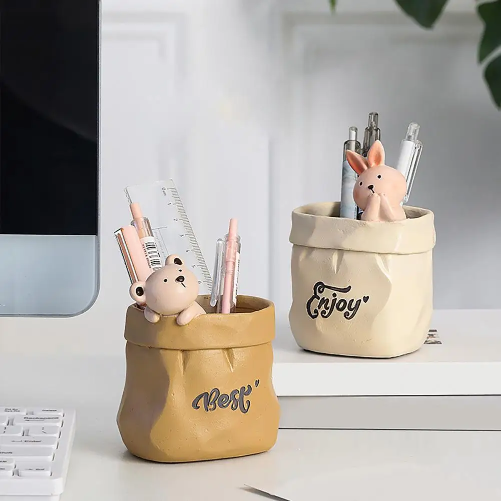 Makeup Brush Holder Wrinkled Paper Bag Pen Holder with Decor Resin Desk Organizer Succulents Planter Cute Stationery for Office