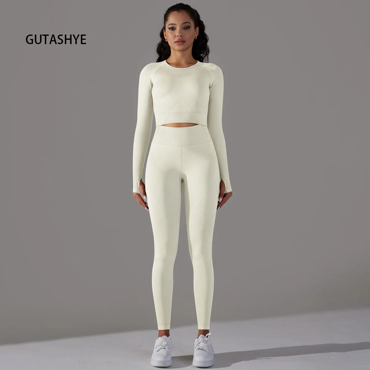 

2pcs Women Seamless Yoga Set Sport Suit Gymwear Workout Clothes Long Sleeve Gym Crop Top High Waist Leggings Fitness Sports Wear