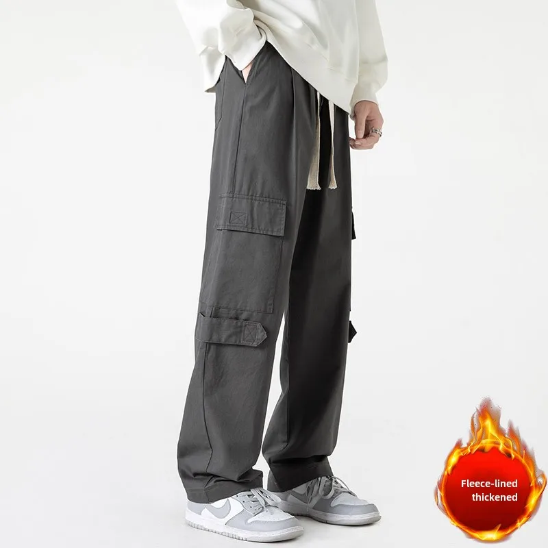 American Retro Overalls Men's Winter High Street Velvet Thickened Loose Straight Casual Long Pants