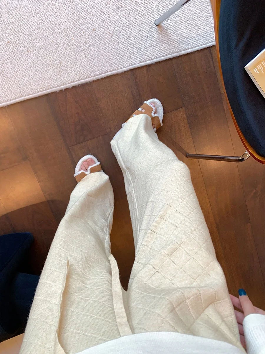 Khaki Diamond Pattern Knitted Wide Leg Pants Women's Casual Drape Slim Straight Knit Trousers Korean Style Natural Waist