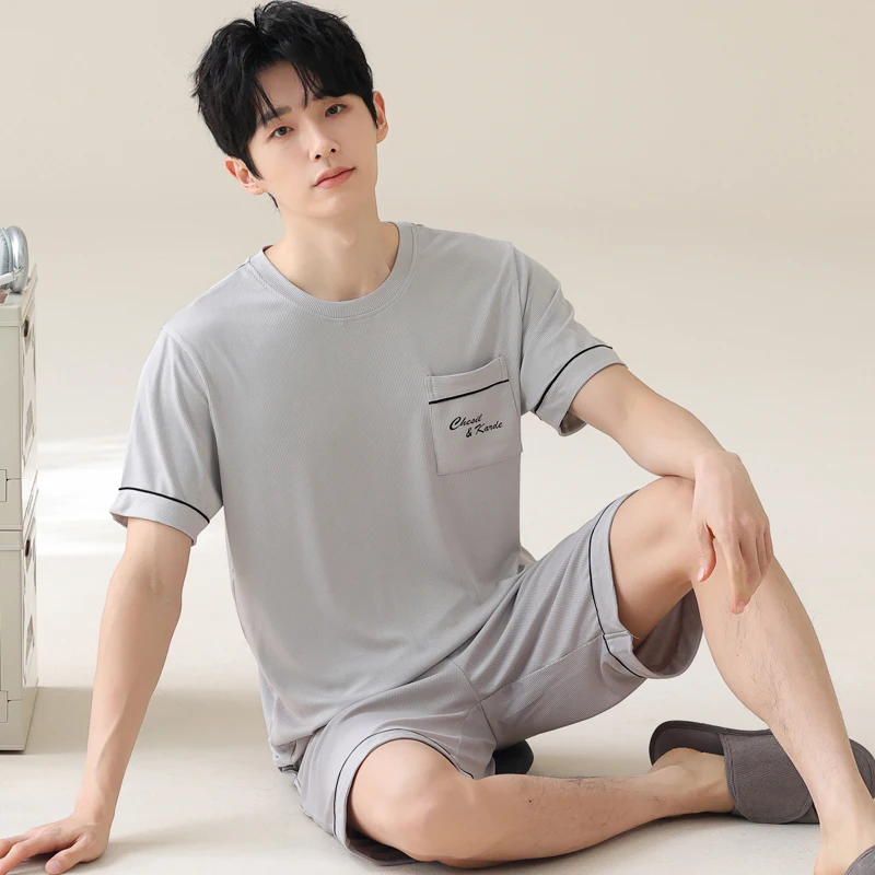 2025 New Fashion Home Clothes for Men Summer Ice Silk Pajamas Set Young Boy Pjs Pyjamas Hombre O Neck Sleepwear Dropship