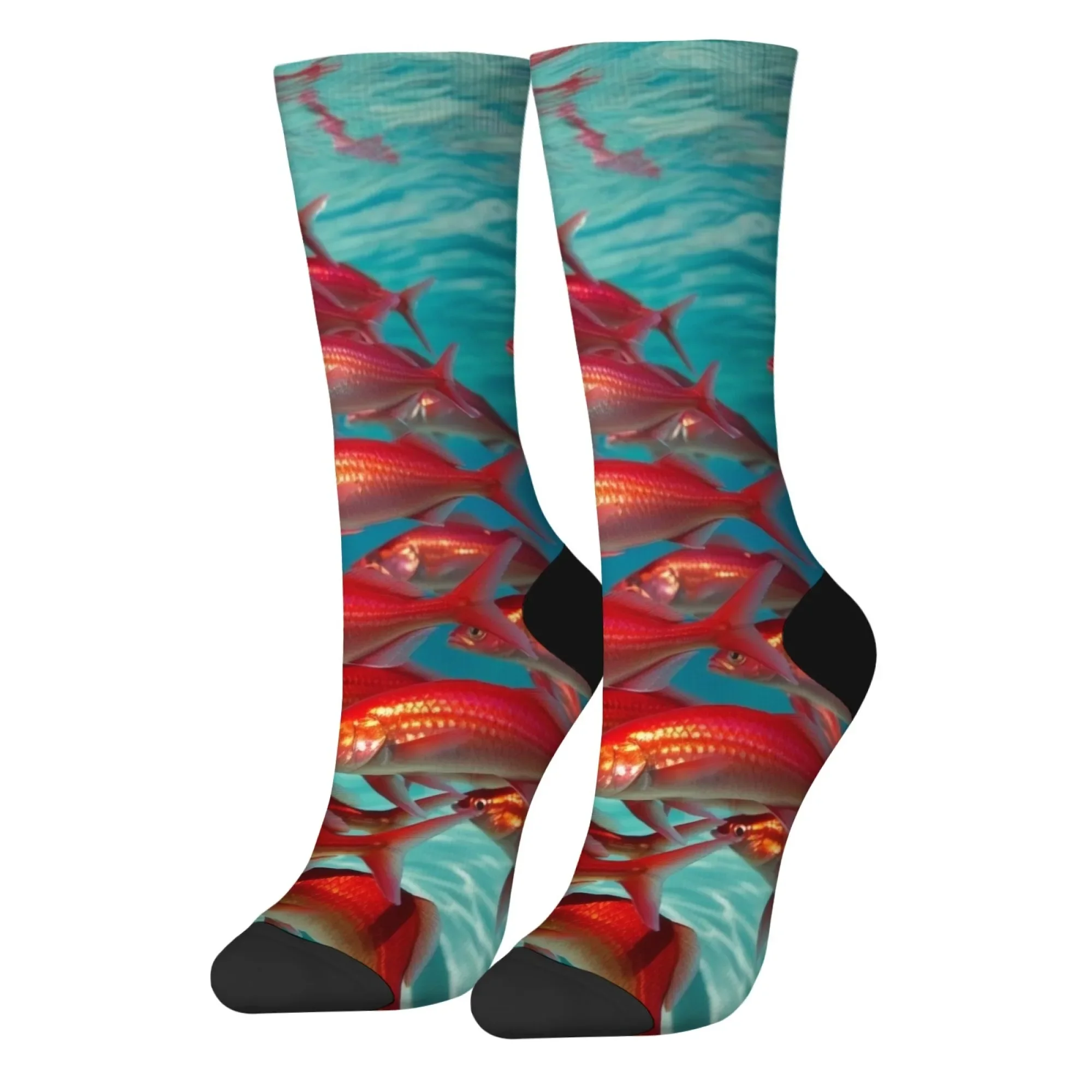 Trendy Red Fish School Men's Crew Socks Hip Hop Style Aquatic Print  Perfect Gift for Streetwear Enthusiasts & Pop Culture Fans