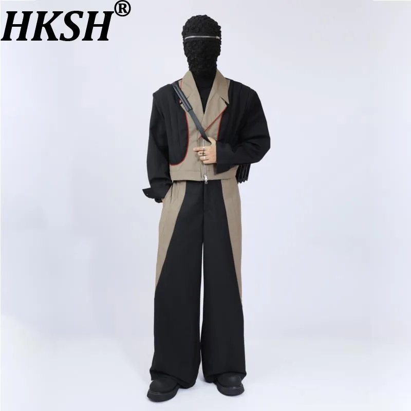 

HKSH Spring Autumn New Men Tide Punk Patchwork Contrast Color Blazer Casual Fashion Suit-pants Set Dark Techwear Top Ins HK15855