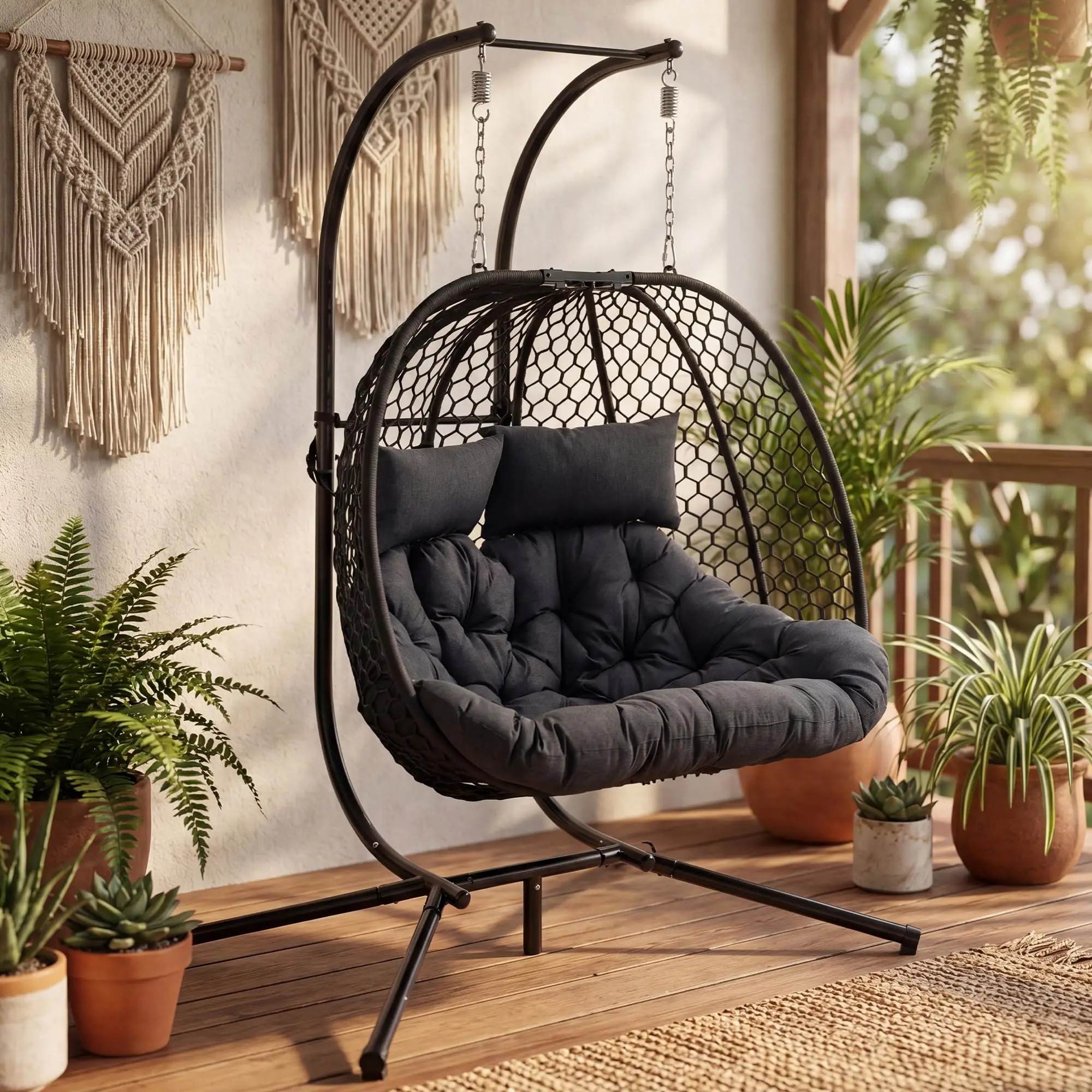 Double Egg Chair Outdoor with Stand, 2 Person Hanging Egg Chair Swing, Handwoven Braid Rope Rattan, Heavy Duty 800lbs