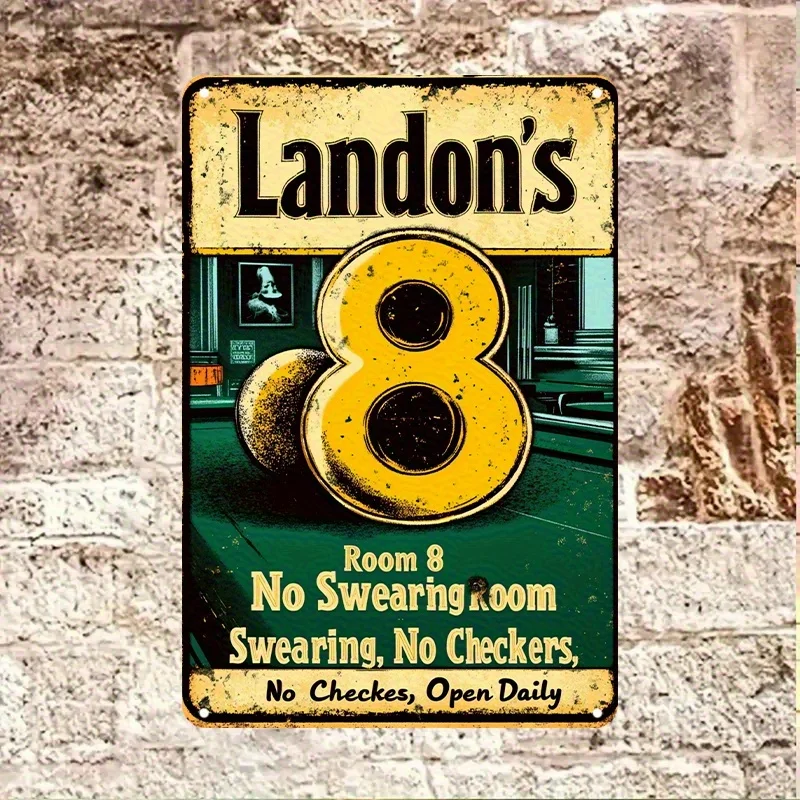 Landon's Billiards Room No.8 Vintage Metal Tin Sign - Retro Pool Hall Decor with No Swearing/Checks/cheches, Heavy-Duty Iron