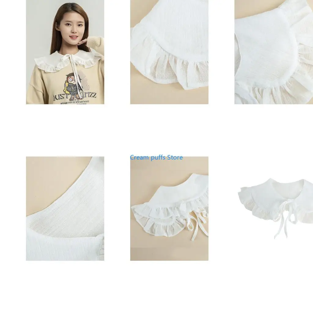 50LE White Shawl for Doll False Fake Collar for Women Girls Ruffled Trim Detachable Half Shirt Lapel Blouse Lace-Up Bandage S