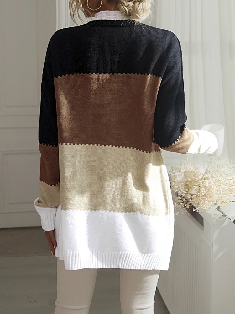 Knitted Splicing Casual Cardigan Autumn Long Coat Top Patchwork Cardigan Winter Women Sweater High Street Long Sleeve Sweater