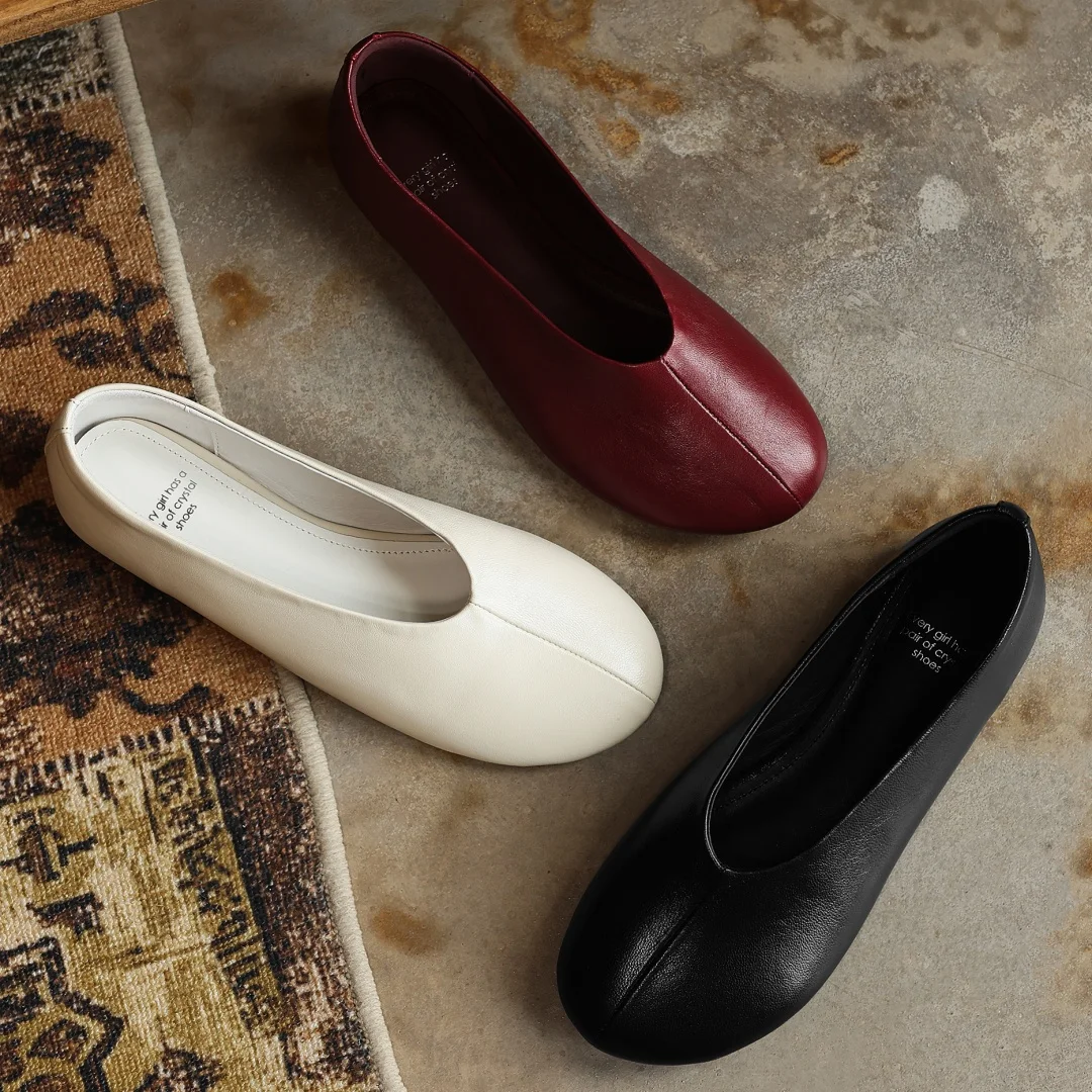 danxuefei plus size 34-42 women's sheepskin round toe slip-on ballet flats high quality soft comfort casual female ballerians