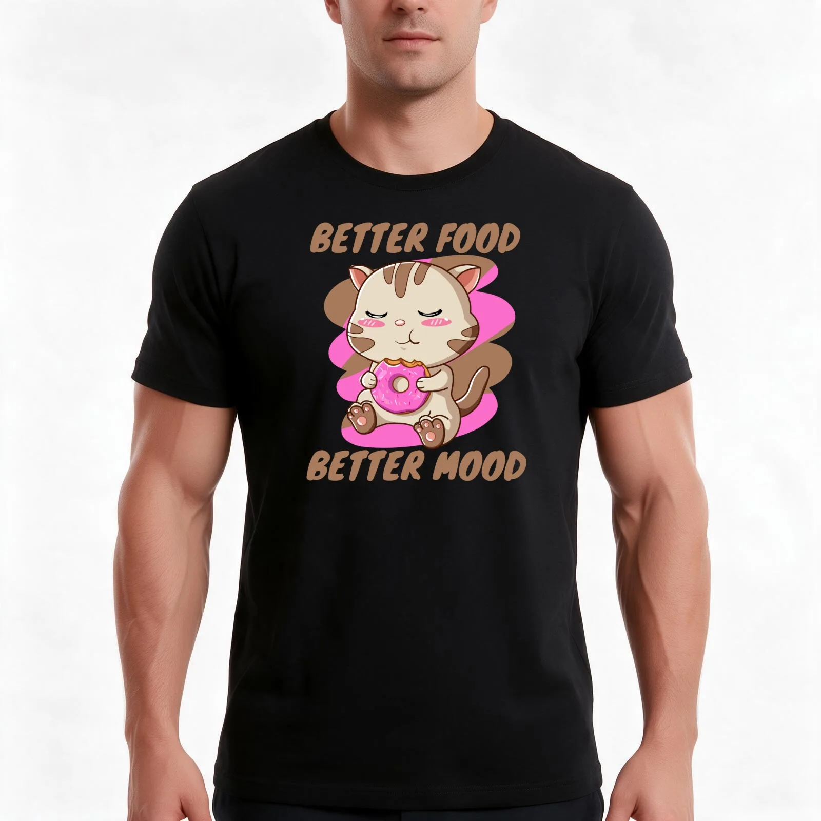 Better Food Better Mood - Cat Eat Healthy Foods T-Shirt, Summer Casual Cotton Tee, Oversized Streetwear Tops, Unisex Men Women