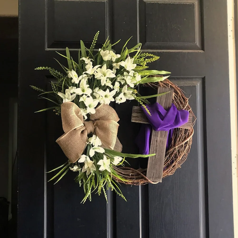 

35cm DIY Easter Wreath With Cross Spring Decoration Easter Front Door Garland Wall Hanging Home Artificial Wreath Decorations