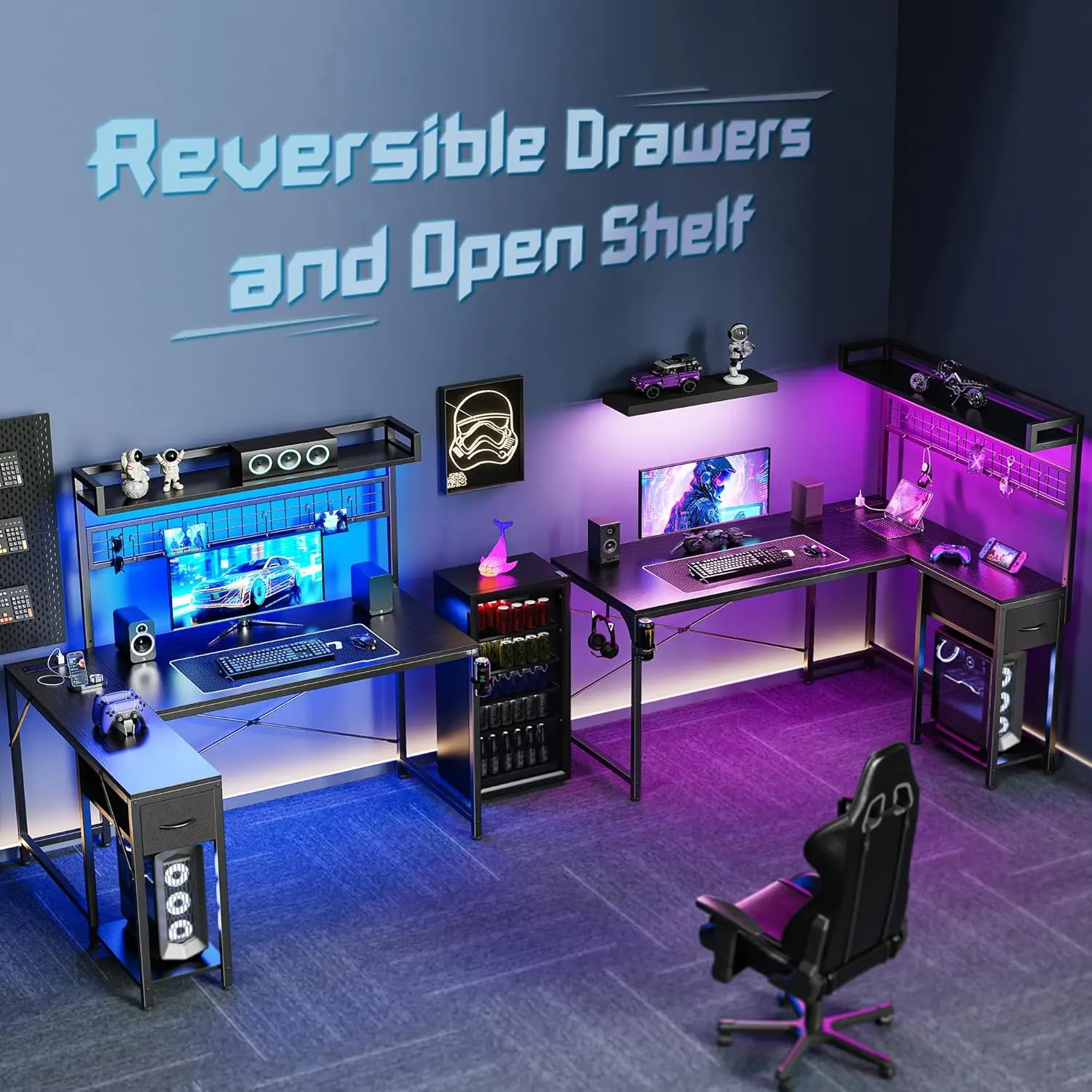 L Shaped Gaming Desk with Shelves, Corner Computer Table with LED Lights, Power Outlets and USB-C Ports, 50 Inch Reversible Home