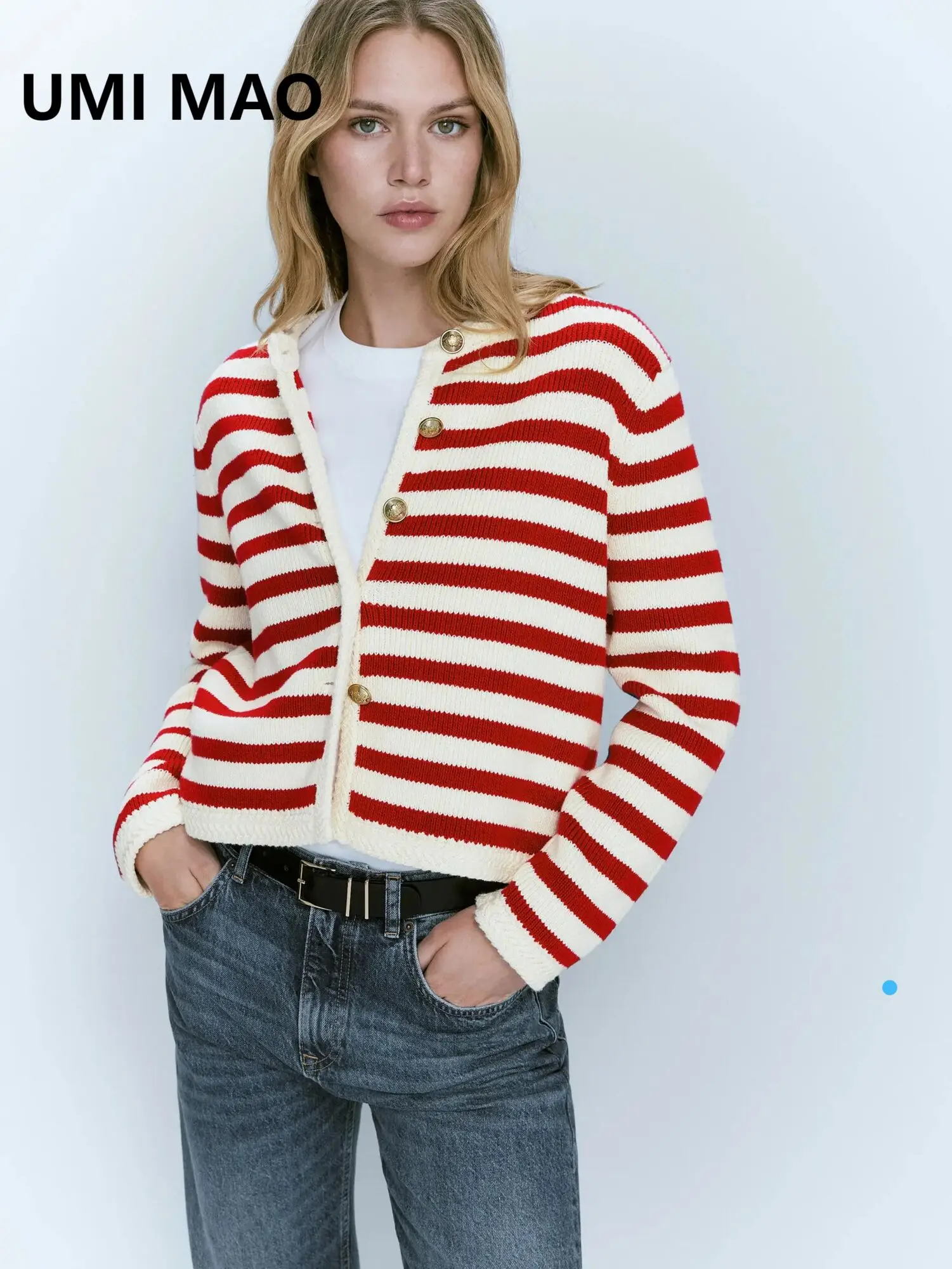 

UMI MAO женский весенний новый стиль облегающего классического полосатого кардигана с пряжкой для женщин