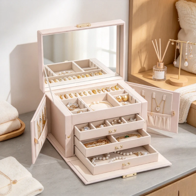 Lockable Jewelry Storage Box Large Capacity PU Leather Velvet Organizer Removable Insert for Wedding Gift Accessories Home Use