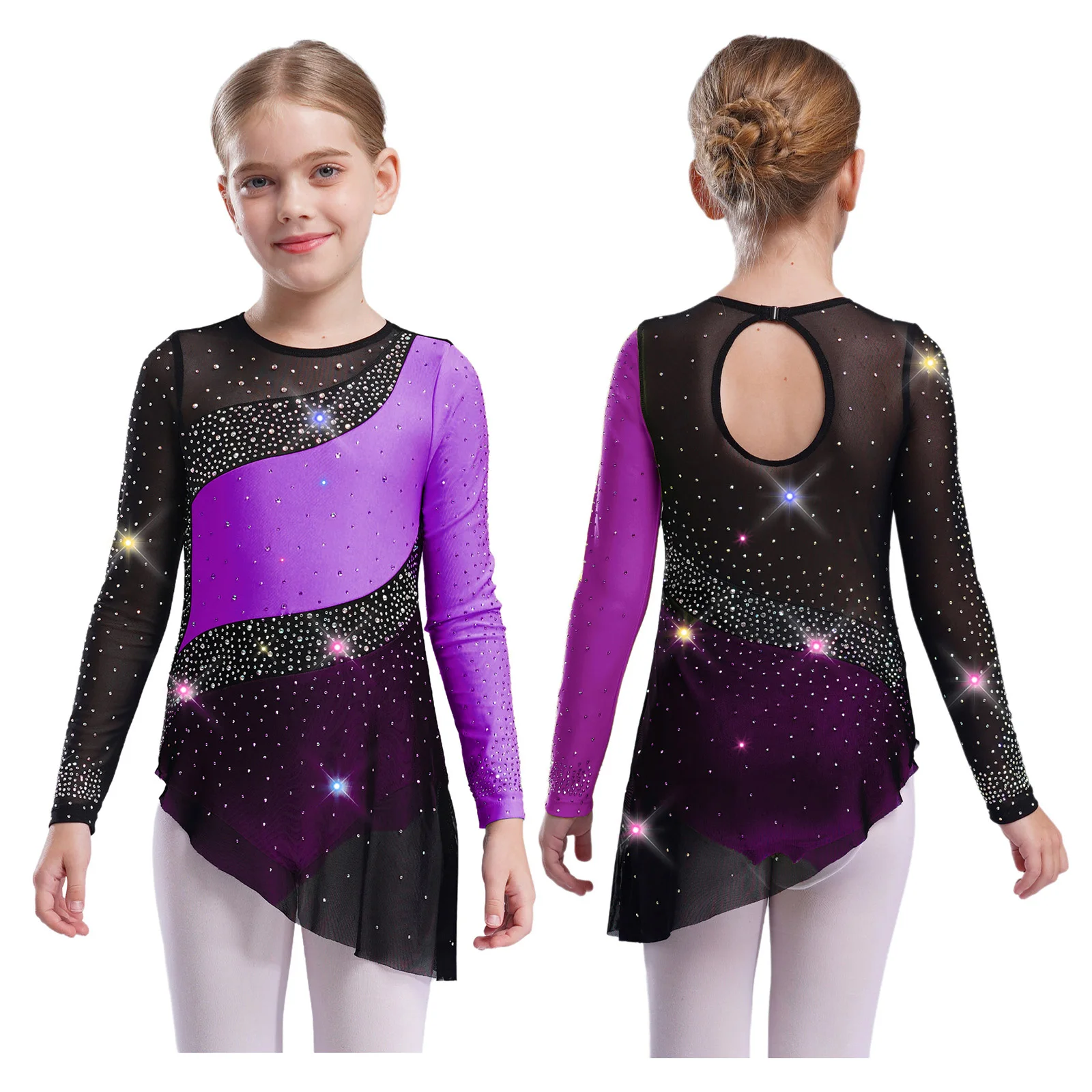 스파클링 라인 석 리듬 체조 의상 어린이를위한 소녀 긴 소매 쉬어 메쉬 레오타드 드레스 발레 스케이트 댄스웨어