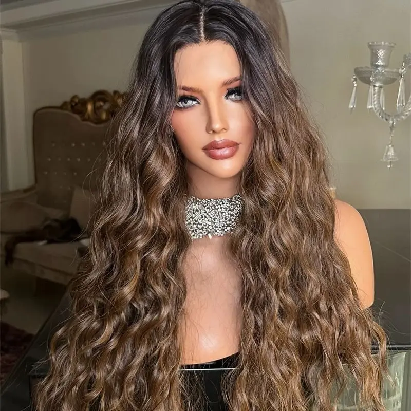 

Вечерние повседневные волосы с эффектом омбре, карамельно-коричневый, синтетический парик спереди, предварительно выщипанные волосы, бесклеевой женский парик, длинный парик с объемной волной