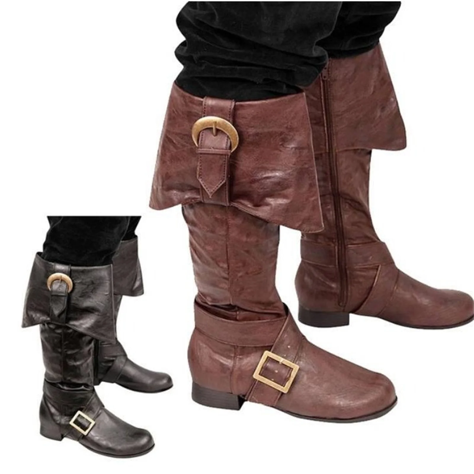 

Belt Buckle Medieval Leather Boots Retro Roman Long Boots Round Headed Knight Low Heeled Boots Halloween Party Shoes