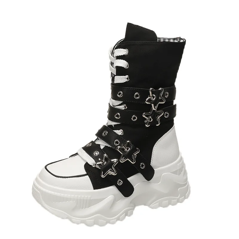 Women's Platform Combat Boots Gothic Star Buckle Mid-calf Boots Lace-up Thick Sole Motorcycle Boots Black/red/yellow/white view 6