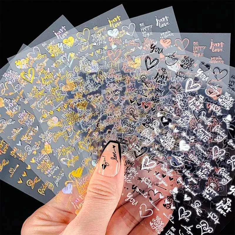 6Pcs/Pack Laser Gold Silver 3D Nail Art Stickers Love Heart Letter Image Nail Decoration Ins Style Sticker DIY Foils Accessories