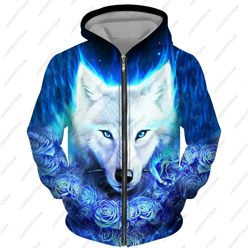 2024 New Men\'s Zipper Hoodie Wolf Fashion Jacket Animal 3D Print Pattern Sweatshirt Street Apparel Casual Clothes Men Clothing