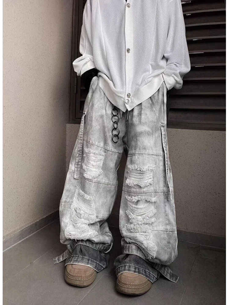 Retro High Street Men's Jeans Clfenit American Trendy Brand Mud Dyeing Waste Land Style Hole Denim Pants Wide Leg PantsYY24
