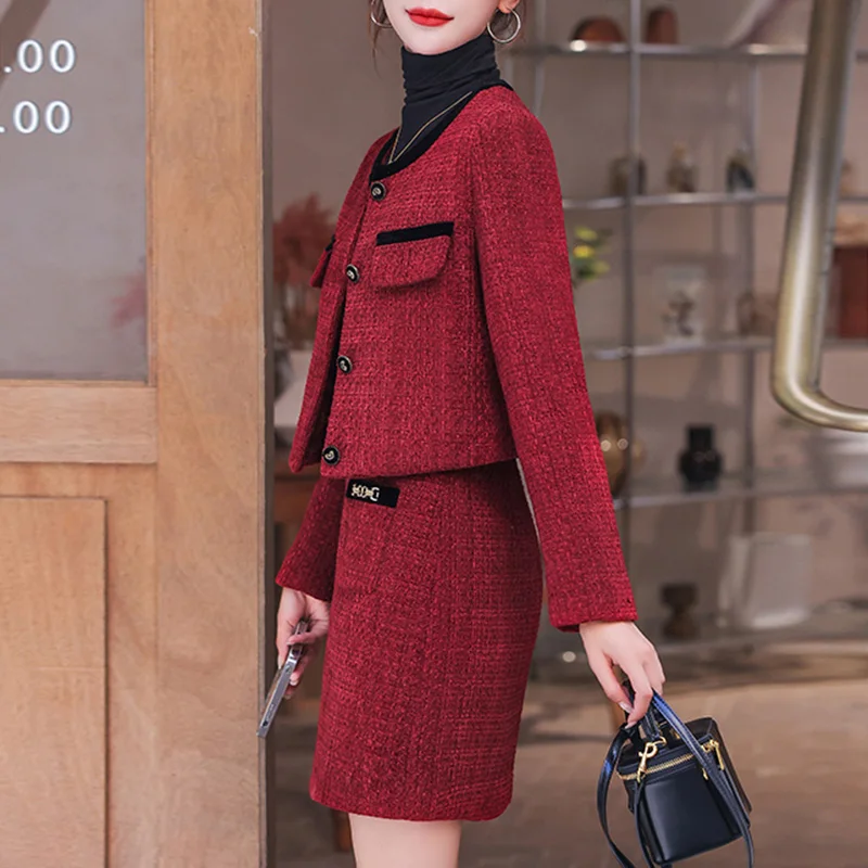 ZJYT Autumn Winter Elegant Women Tweed Woolen Jacket and Short Skirt Suit Two Piece Set Outfit Vintage Party Dress Sets Red