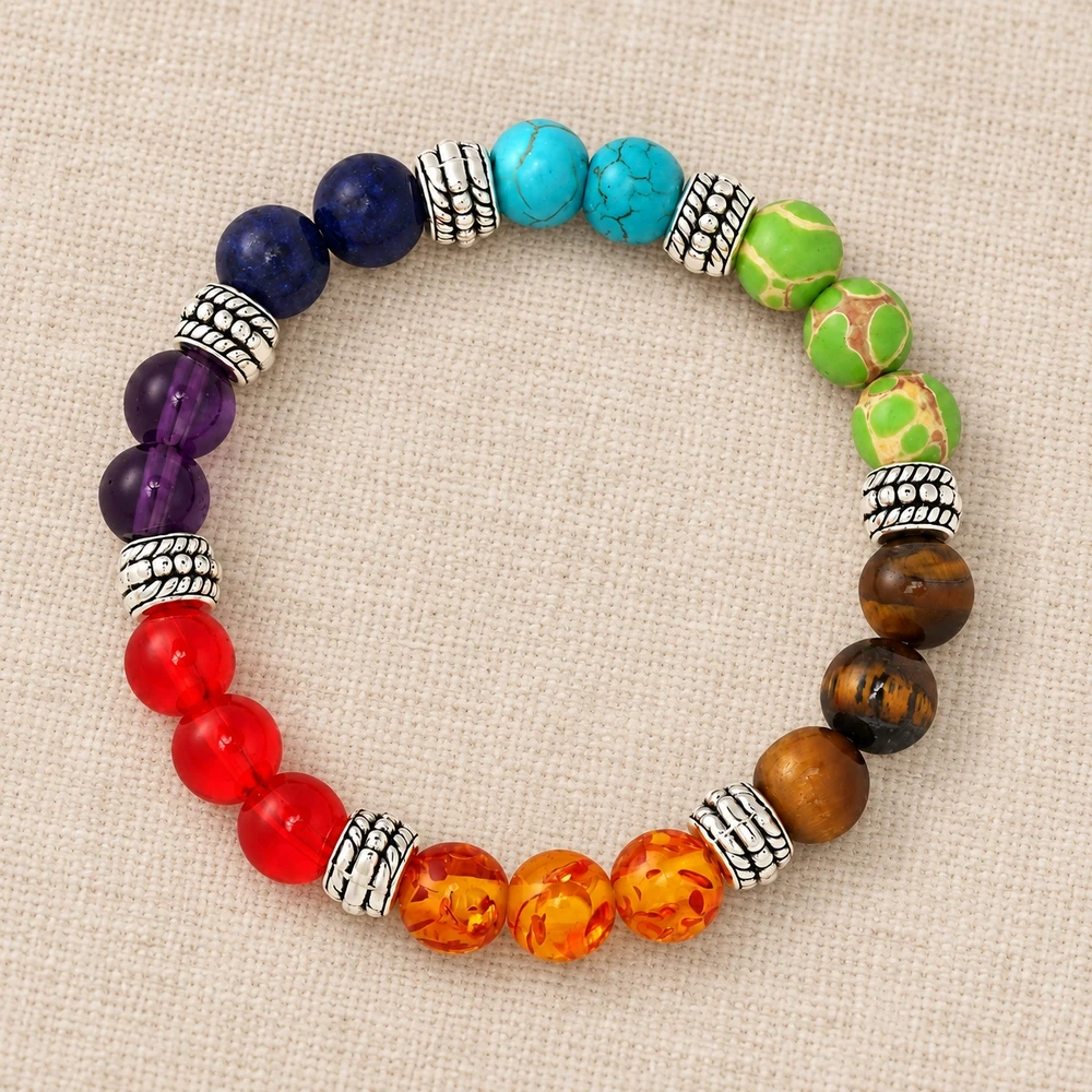 1pc Bohemian Multicolor Round Semi-Precious Stone Beaded Strand Bracelet with Textured Spacer Beads 17.5cm Length