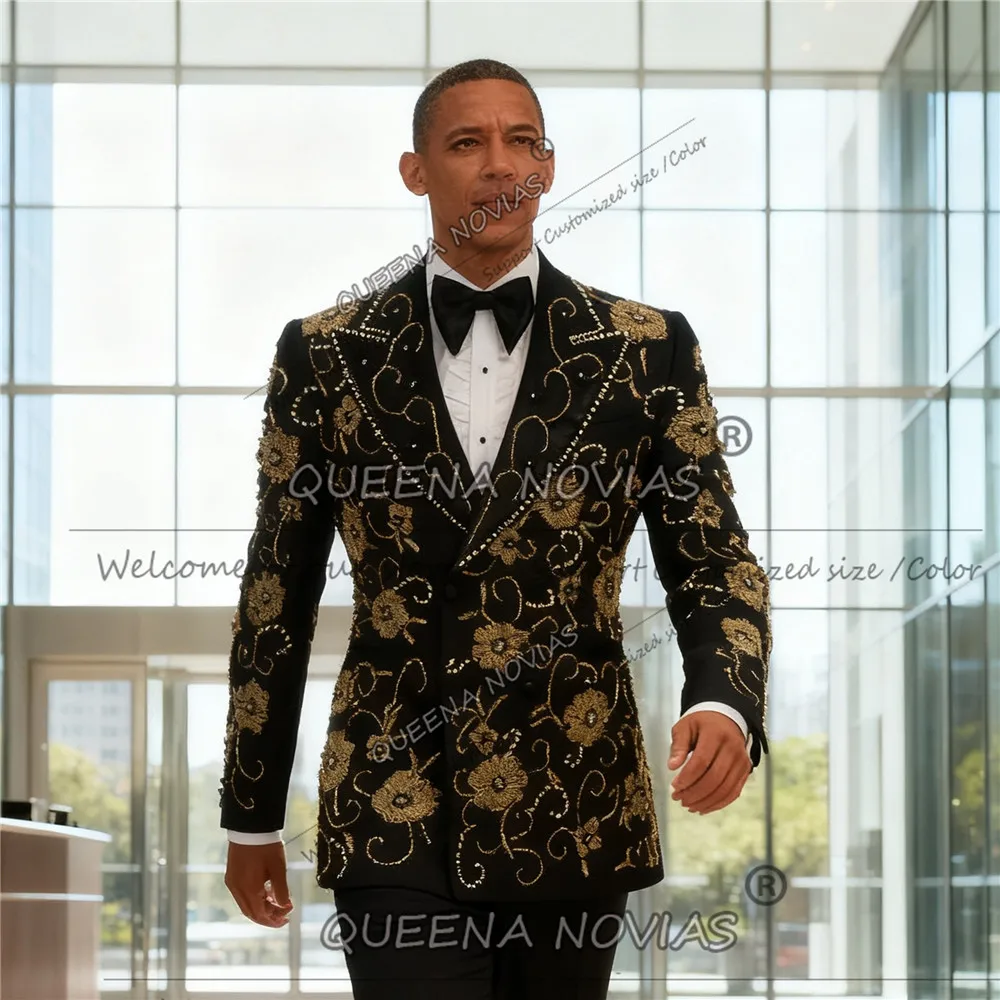 

Gold Beaded Crystals Suit Men 2 Pieces Double Breasted Jacket Pants Customized Groom Wedding Tuxedos trajes para hombre Luxury
