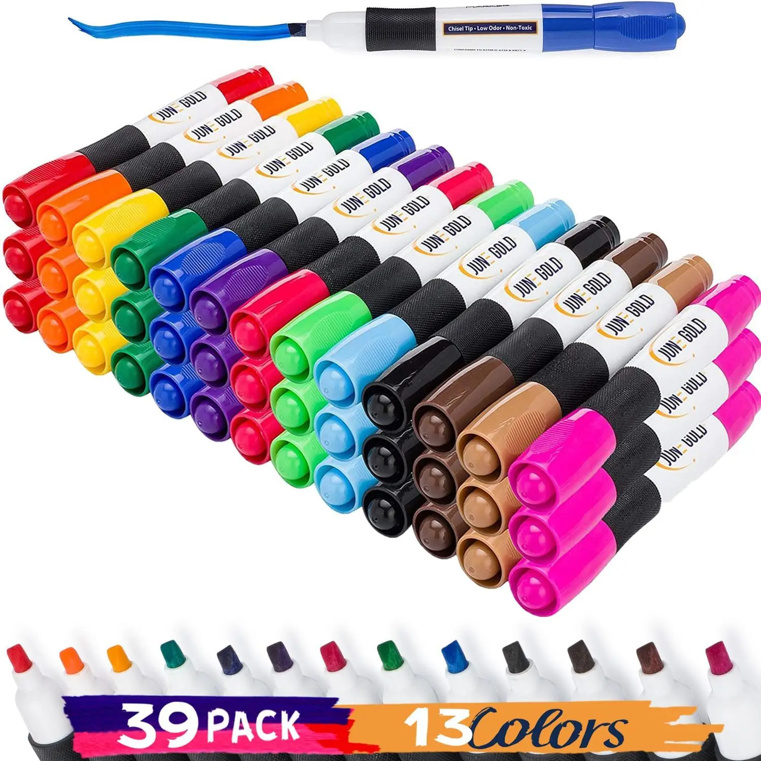 

39 Assorted Dry Erase Markers, 13 Unique Colors, Chisel Tip, Low Odor, Comfortable Grip