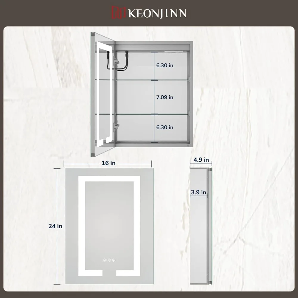 Keonjinn 16 x 24 Inch Lighted Medicine Cabinet for Bathroom with LED Mirror & Electrical Outlet Adjustable Shelves 3 Color