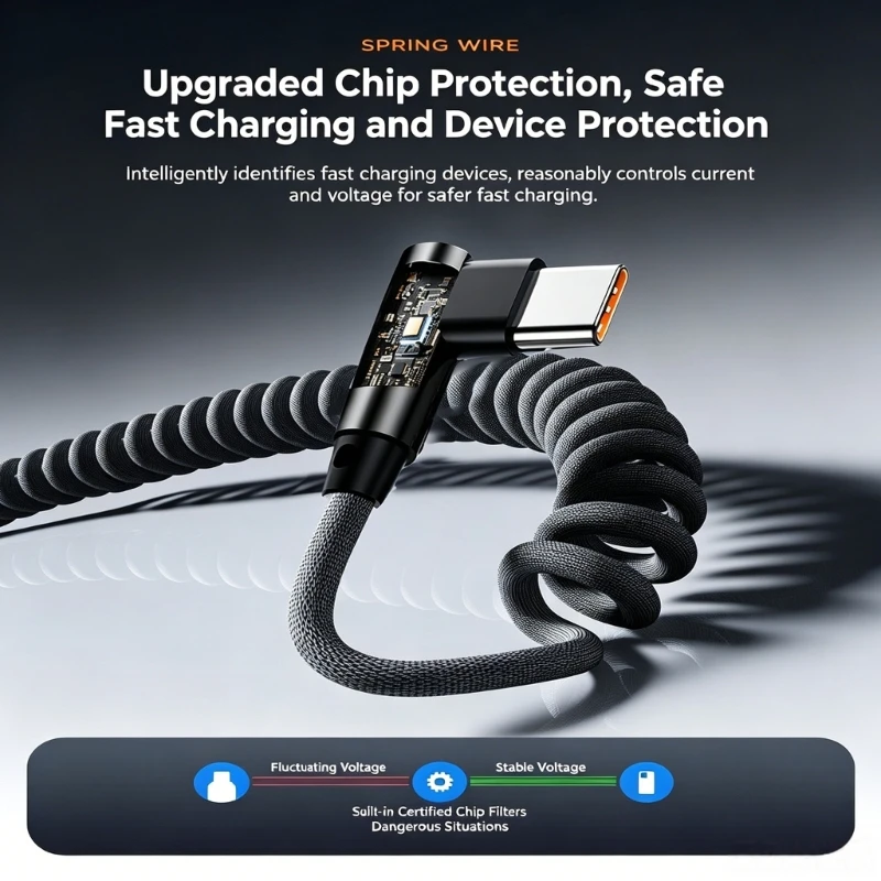 Coiled Spring Type C Cable 120W Super Fast Charging 90 Degree For Car 83CF