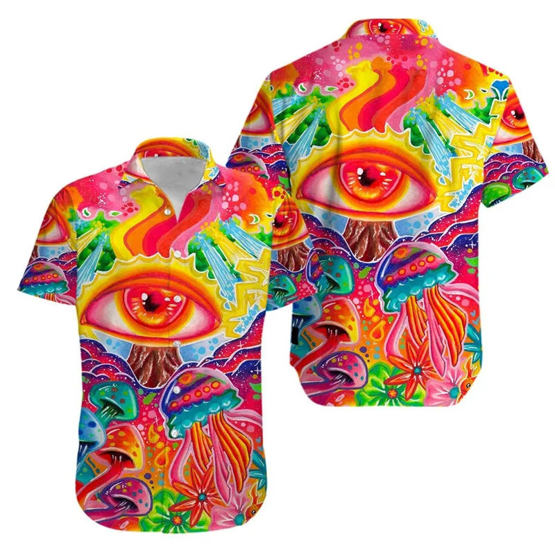 Camisa masculina de cogumelo mágico Aloha, estampa hippie 3D, psicodélica, manga curta, lapela solta, blusas havaianas, verão