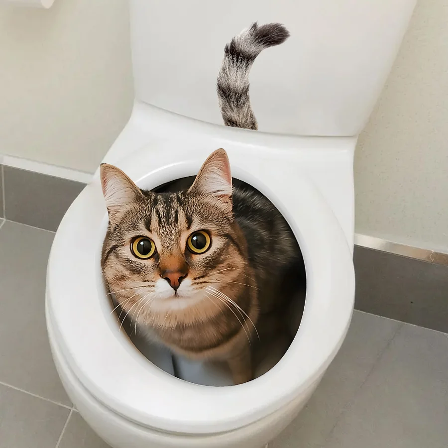 Torn‑Wall Cat Toilet Sticker Size 40x40cm Realistic Tabby Cat Peeking Out From Toilet Paper Hole 3D Fun Visual Effect