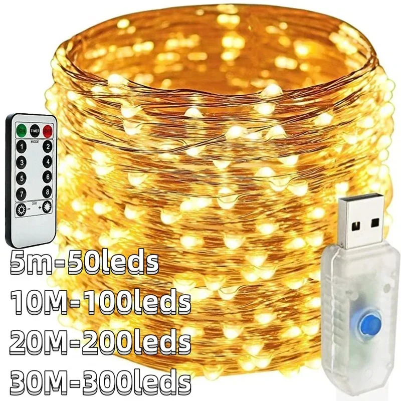 5M-30M Usb Lichtslingers 8 Modi Fairy Lights Koperdraad Led String Lights Voor Kerstmis Wedding nieuwe Jaar Guirlande Decoratie