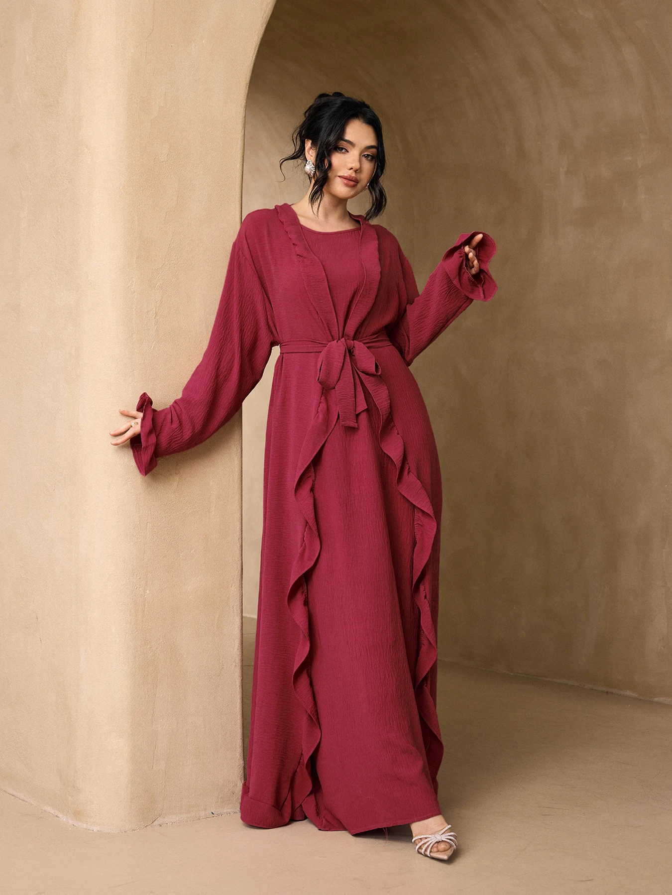 Wave Ruffle Trim Open Abaya 3 Piece Set, Flare Sleeve Modest Maxi Dress with Belt & Hijab, Muslim Women Eid Daily Party Outfit