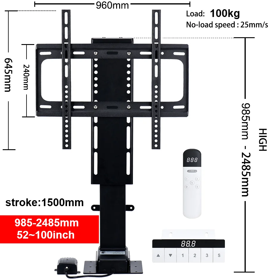 Uchwyt do telewizora silnik prądu stałego 100kg uchwyt monitora wysokości regulowany elektrycznie zdalnego sterowania 900MM 650MM 1500mm skok