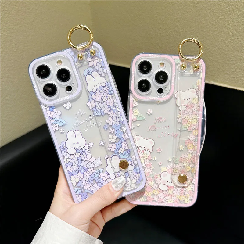 Korea Cute Flower Little Bear Wrist Strap Case For Samsung S10 S20 S21 S22 FE S23 5G NOTE20 ULTRA 10 Plus Stand Soft Cover