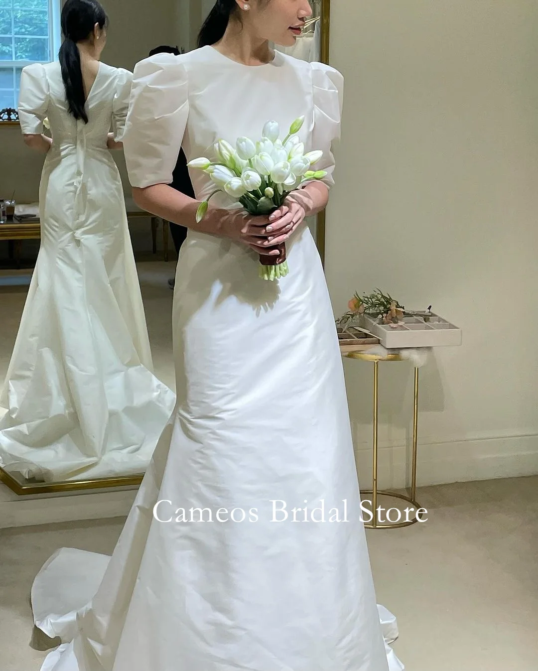 

SONDR O-Neck Korea Wedding Dresses Photo Shoot Ivory Taffeta Sexy Half Sleeves Elegant A-Line Ivory Custom Bridal Gown